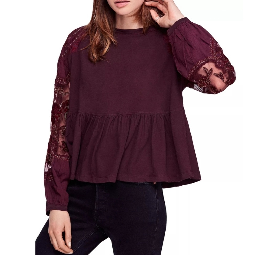 Free People Burgundy Lace Sleeve Top
